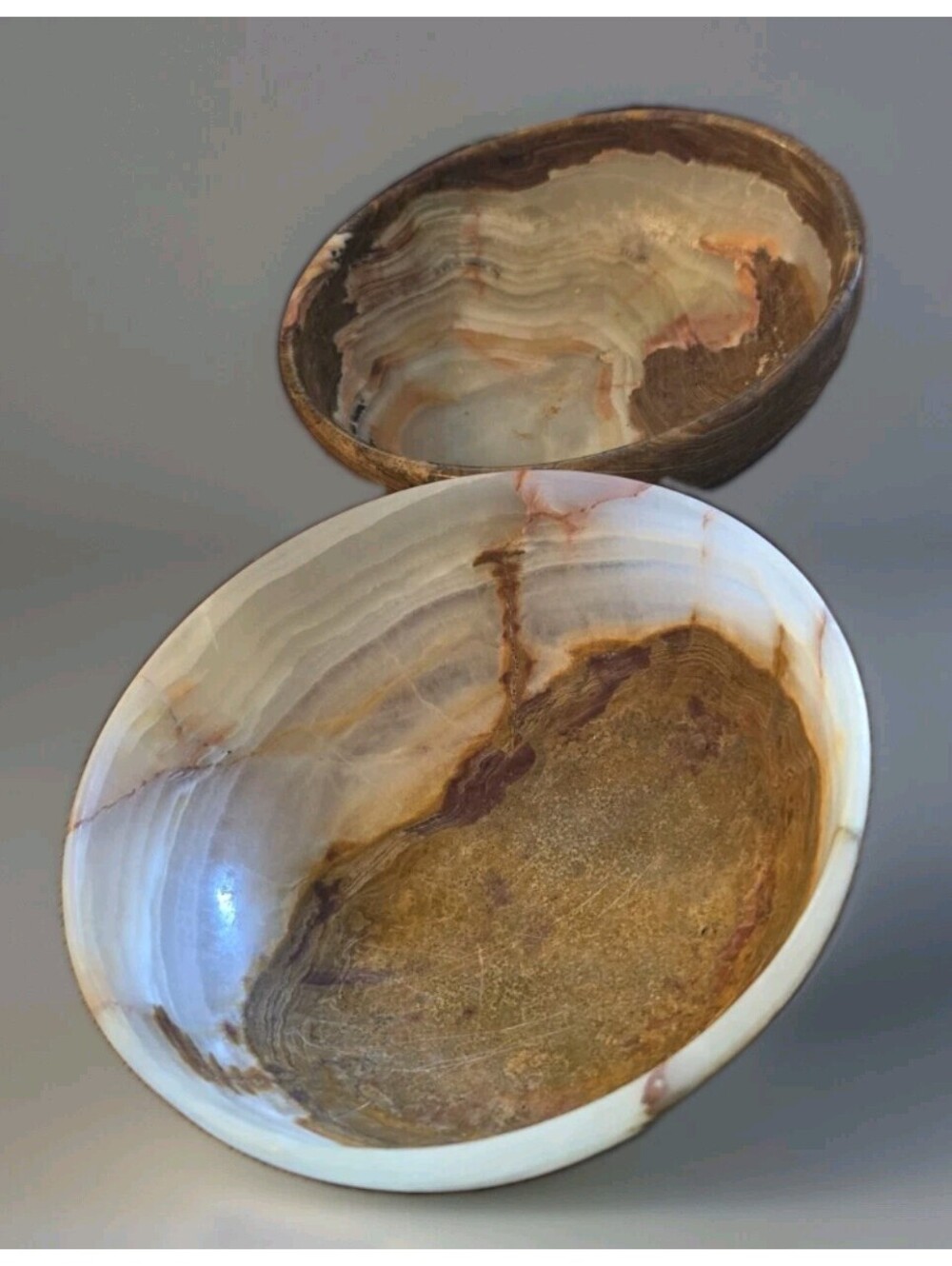 2 Alabaster Onyx Bowls 6W"X2"D Dip Salt Sauce Candy Bowl Hand Carved Beige Brown
